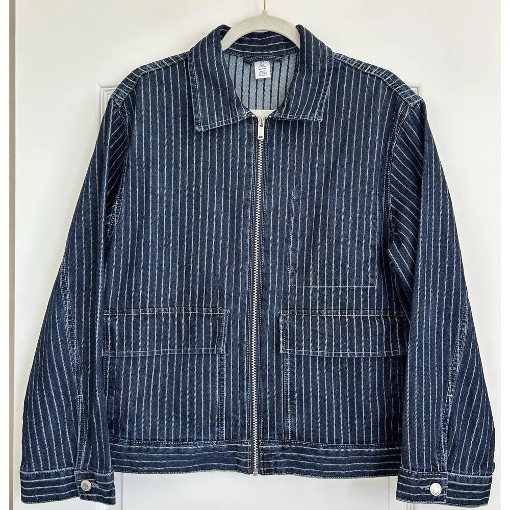 H&M Dark Blue Railroad Stripe Denim Jacket Womens Size M Chore Pockets Utility